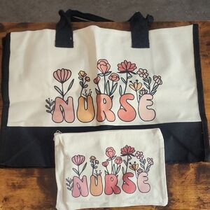 Floral Tote and Pouch Set - Black and Cream